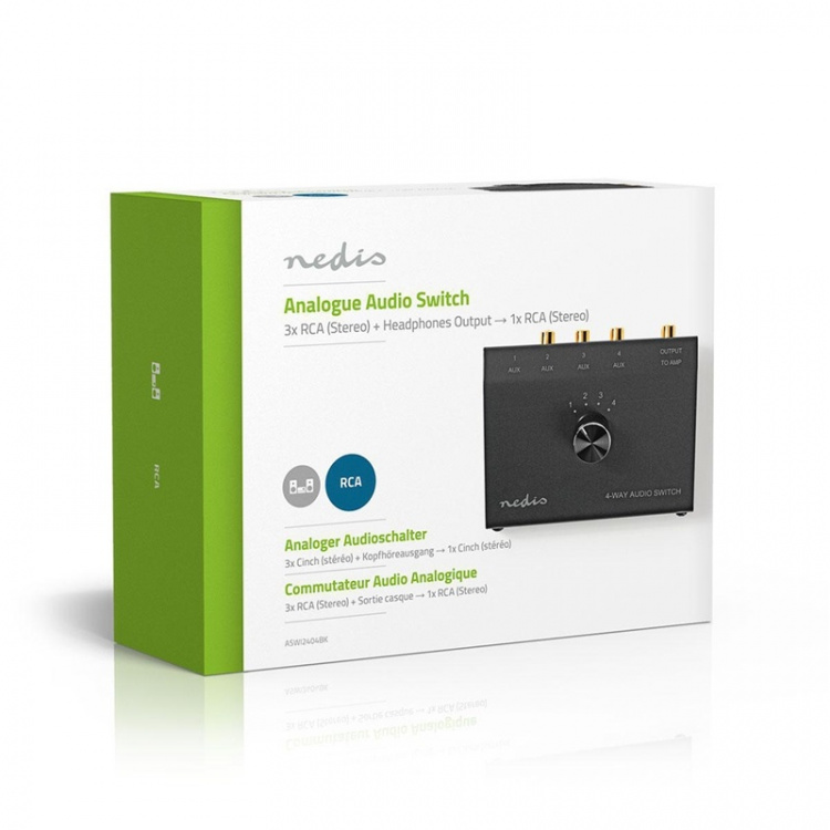 Analog lyd switch | 4-Port port(s) | Tilslutninger indgang: 1x 3.5 mm / 3x (2x RCA Hun) | Tilslutninger udgang: 1x (2x RCA Female) | Manual | Metal | Sort