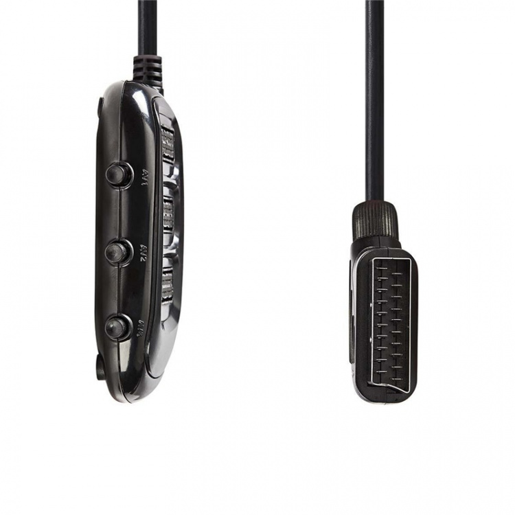 Nedis SCART Switchbox | SCART Han | 3x SCART Hun | Nikkelplateret | Maksimal opløsning: 1024x576 | 0.50 m | Runde | PVC | Sort | Konvolut