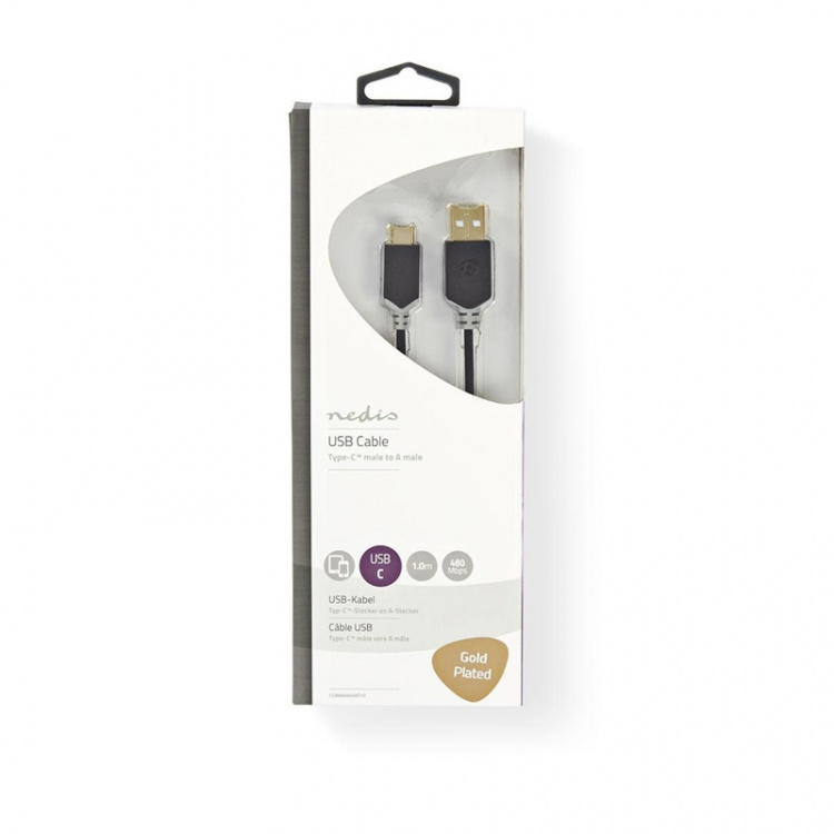 Nedis USB-kabel | USB 2.0 | USB-A Han | USB-C™ Han | 60 W | 480 Mbps | Guldplateret | 1.00 m | Runde | PVC | Antracit | Window Box