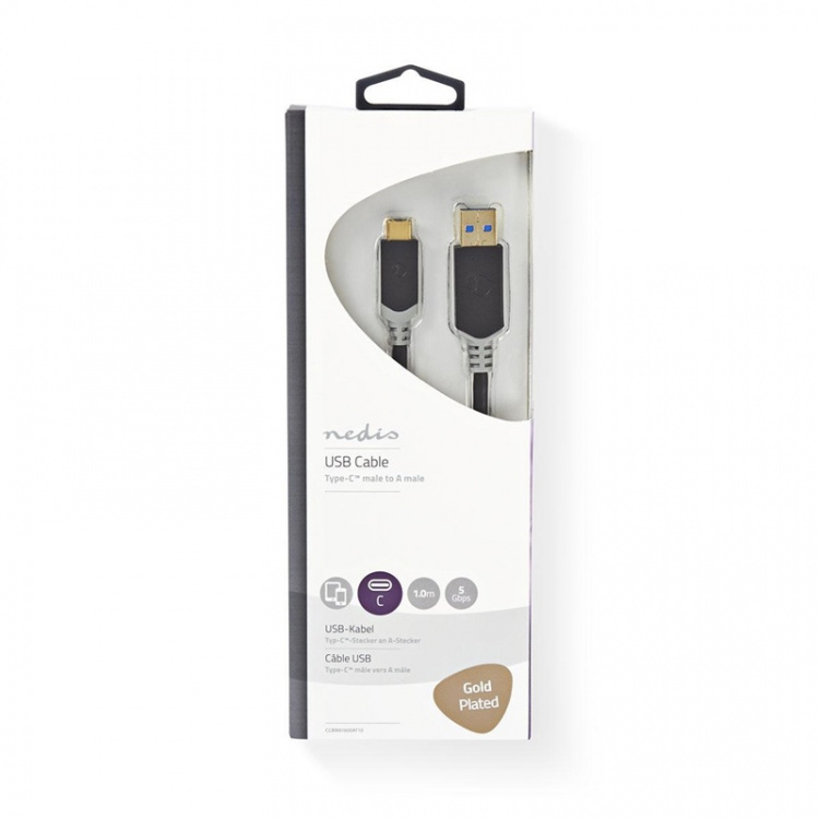 Nedis USB-kabel | USB 3.2 Gen 1 | USB-A Han | USB-C™ Han | 60 W | 5 Gbps | Guldplateret | 1.00 m | Runde | PVC | Antracit | Window Box
