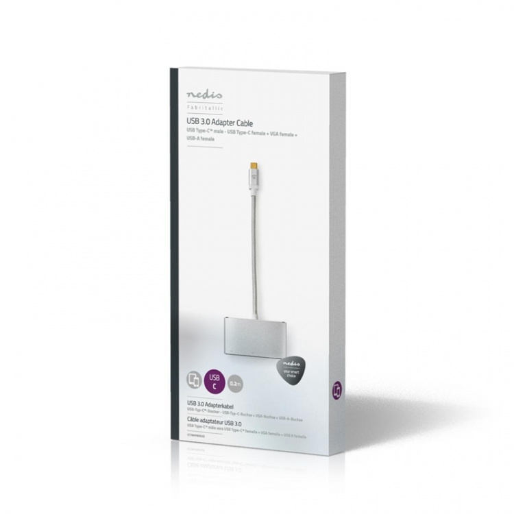 Nedis USB Multi-Port Adapter | 3-in-1 | USB 3.2 Gen 1 | USB-C™ Han | USB-A Hun / USB-C™ Hun / VGA Hun | 5 Gbps | 0.20 m | Runde | Guldplateret | Flettet / Nylon | Sølv | Cover Window Box