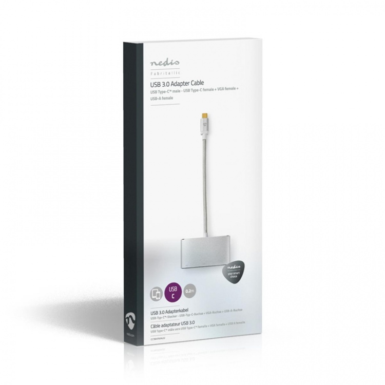 Nedis USB Multi-Port Adapter | 3-in-1 | USB 3.2 Gen 1 | USB-C™ Han | USB-A Hun / USB-C™ Hun / VGA Hun | 5 Gbps | 0.20 m | Runde | Guldplateret | Flettet / Nylon | Sølv | Cover Window Box
