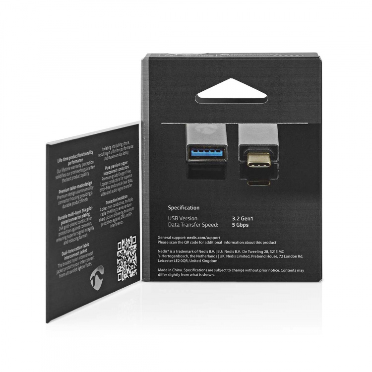 Nedis USB-C™ Adapter | USB 3.2 Gen 1 | USB-C™ Han | USB-A Hun | 5 Gbps | Runde | Nikkelplateret | Sølv | Cover Window Box
