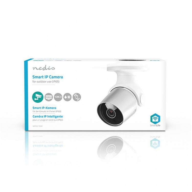 Nedis SmartLife udendørskamera | Full HD 1080p | IP65 | Cloud Storage (mulighed) / microSD (ikke inkluderet) | 12 V DC | Med bevægelsessensor | Nattesyn | Hvid / Sølv