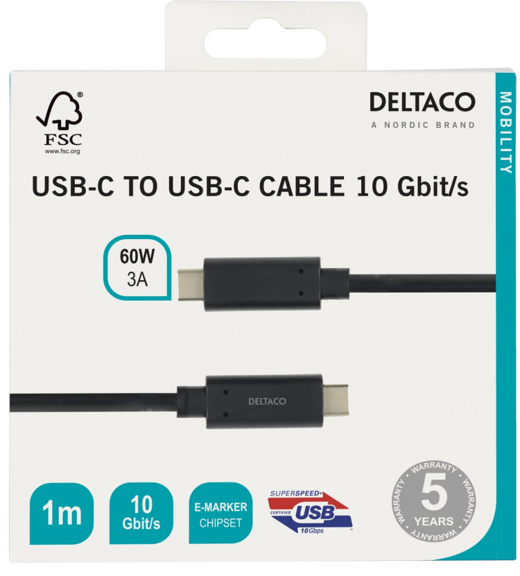 DELTACO USBC 3.1 GEN2 10Gbps/3A/E-marker 1m
