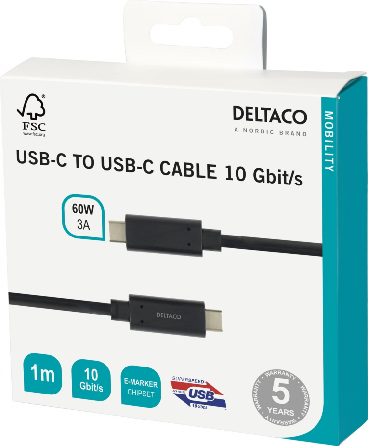 DELTACO USBC 3.1 GEN2 10Gbps/3A/E-marker 1m