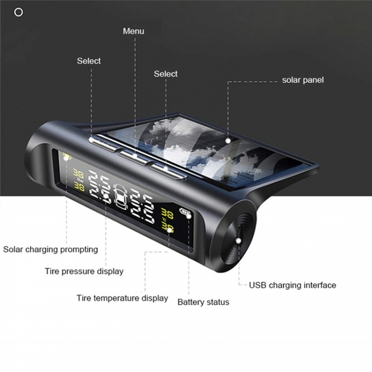 Solcelledrevet dæktryksmåler Solcelledrevet dæktryksmåler