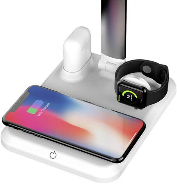 Bordlampe med trådløs Qi-opladning, 4-i-1, hvid