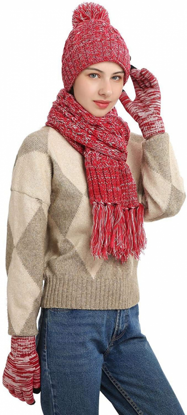 Strikket sæt med hue, halstørklæde og touchscreen-luffer, Rød
