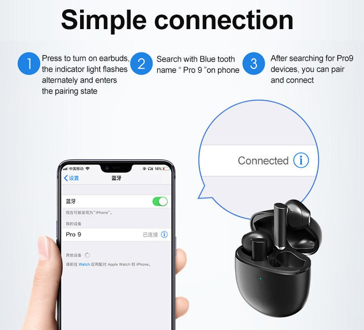Pro 9 TW In-Ear-hovedtelefoner med touch-kontrol, sort