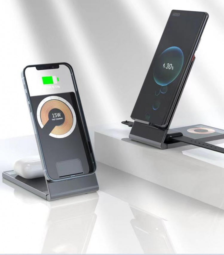 Sammenklappelig og trådløs oplader til smartphone, iWatch og Airpods Sammenklappelig og trådløs oplader til smartphone, iWatch og Airpods