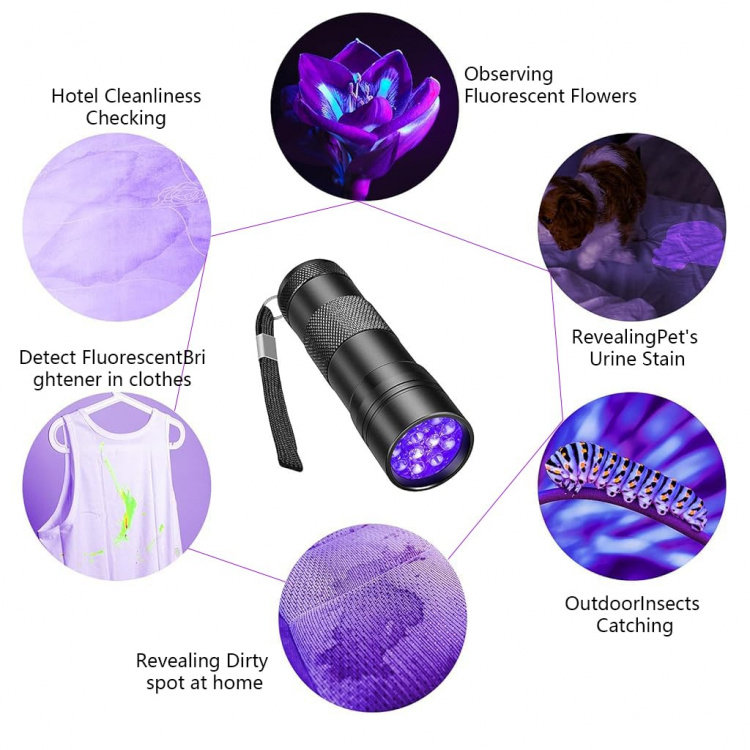 Lommelygte 12 stk LED, UV-lys