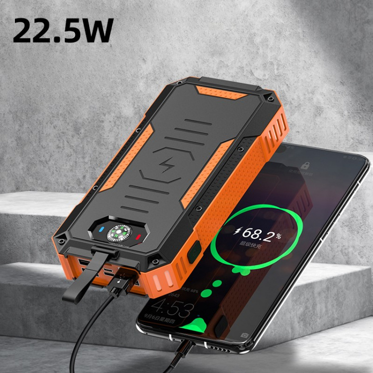 Powerbank 30000mAh 22,5W PD+15W trådløs opladning, solceller, lommelygte og kompas
