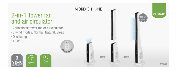 NORDIC HOME 2-i-1 tårnventilator med luftcirkulation, 3 hastigheder, 40W, timer, hvid