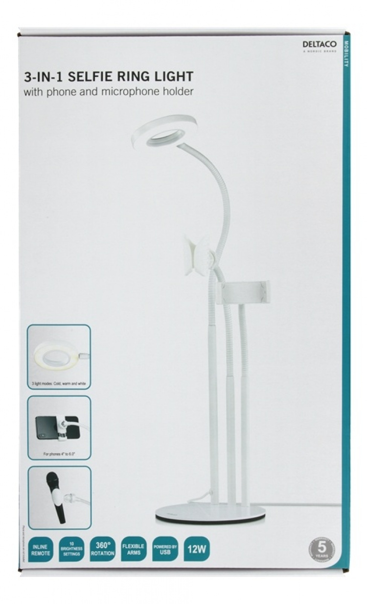 DELTACO 3-IN-1 Selfie Ring Lamp With Phone and Microphone holder, whit DELTACO 3-IN-1 Selfie Ring Lamp With Phone and Microphone holder, whit