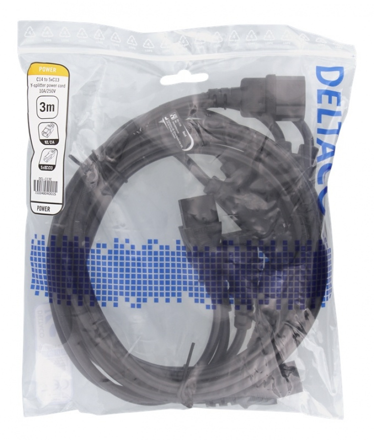 DELTACO IEC C14 to 5x IEC C13 Power cable, 3m, 10A/250V, Y-Splitter, b