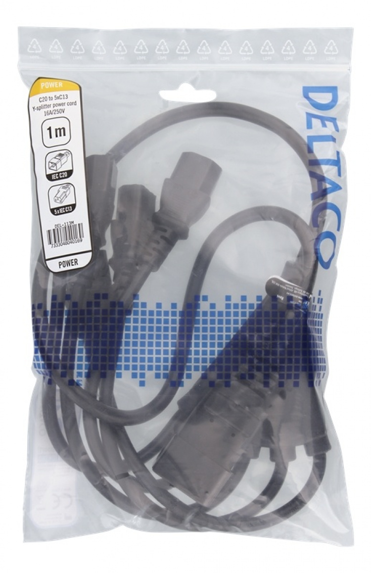 DELTACO IEC C20 to 5x IEC C13 Power cable, 1m, 16A/250V, Y-Splitter, b