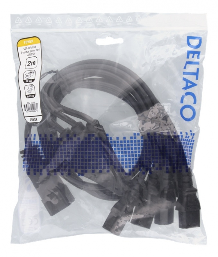 DELTACO IEC C20 to 5x IEC C13 Power cable, 2m, 16A/250V, Y-Splitter, b