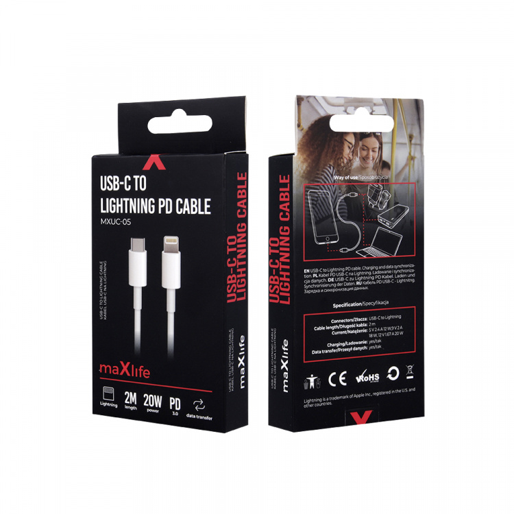 Maxlife MXUC-05 Power Direct USB-C til Lightning-kabel 2,0 m 20W, hvid