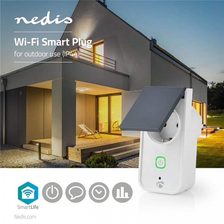 Nedis SmartLife Smart Plug | Wi-Fi | IP44 | Effektmåler | 3680 W | EU stik / Type F (CEE 7/7) | -30 - 40 °C | Android™ / IOS | Grå / Hvid Nedis SmartLife Smart Plug | Wi-Fi | IP44 | Effektmåler | 3680 W | EU stik / Type F (CEE 7/7) | -30 - 40 °C | Android™ / IOS | Grå / Hvid