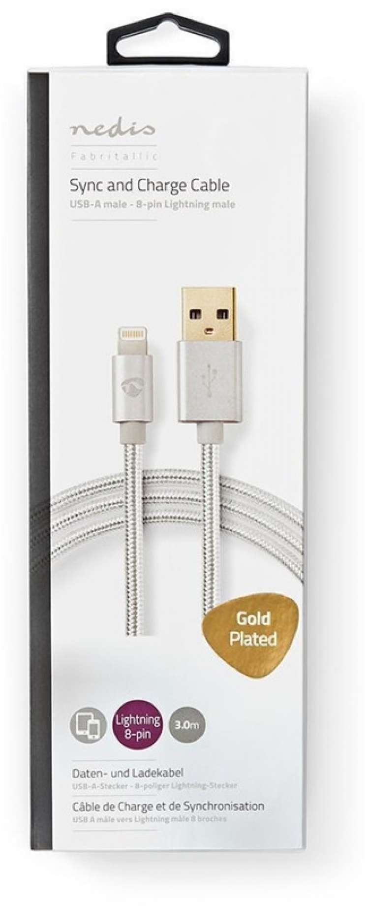 Nedis Lightning Kabel | USB 2.0 | Apple Lightning 8-pin | USB-A Han | 480 Mbps | Guldplateret | 3.00 m | Runde | Flettet / Nylon | Aluminium | Cover Window Box Nedis Lightning Kabel | USB 2.0 | Apple Lightning 8-pin | USB-A Han | 480 Mbps | Guldplateret | 3.00 m | Runde | Flettet / Nylon | Aluminium | Cover Window Box