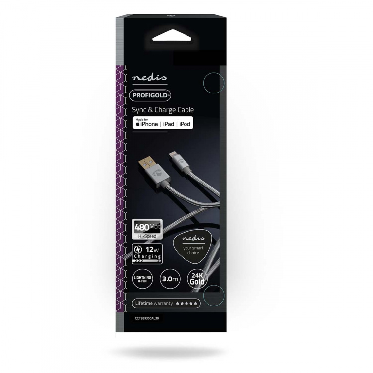 Nedis Lightning Kabel | USB 2.0 | Apple Lightning 8-pin | USB-A Han | 480 Mbps | Guldplateret | 3.00 m | Runde | Flettet / Nylon | Aluminium | Cover Window Box Nedis Lightning Kabel | USB 2.0 | Apple Lightning 8-pin | USB-A Han | 480 Mbps | Guldplateret | 3.00 m | Runde | Flettet / Nylon | Aluminium | Cover Window Box