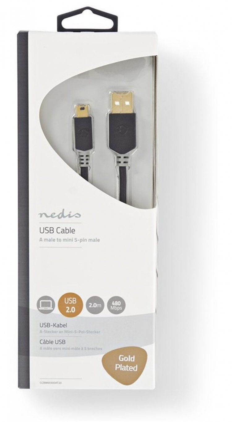 Nedis USB-kabel | USB 2.0 | USB-A Han | USB Mini-B 5-pins han | 480 Mbps | Guldplateret | 2.00 m | Runde | PVC | Antracit | Window Box