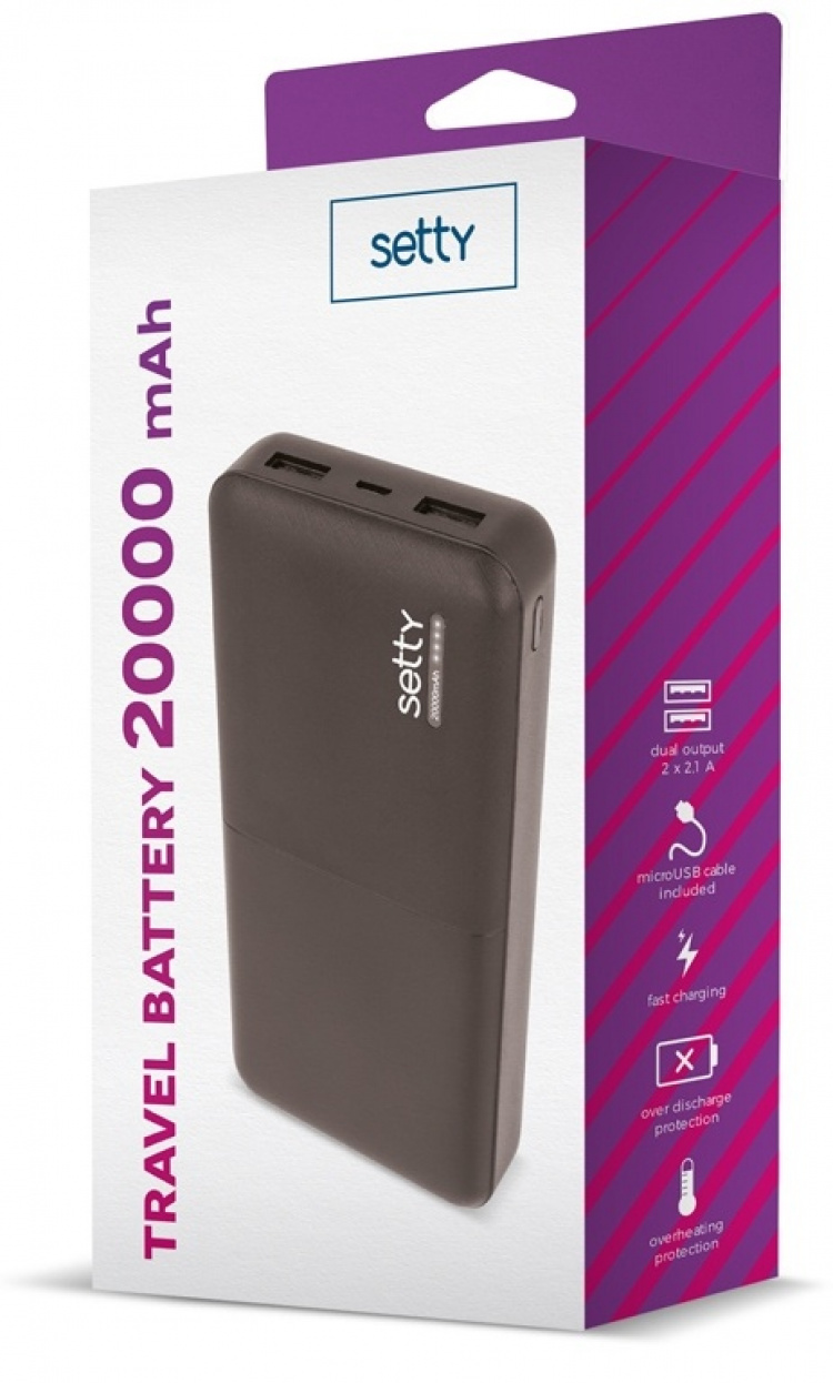 Setty powerbank med 20 000 mAh og to USB-porte, sort