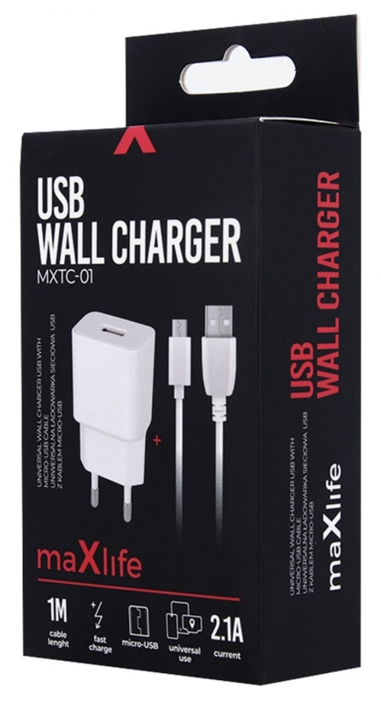 Maxlife USB-snabbladdare + microUSB-kabel, MXTC-01, fast charge, vit (2,1A)