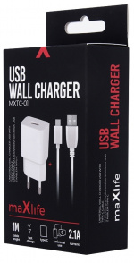 Maxlife USB-hurtigoplader + USB-C-kabel, hvid (2,1A)