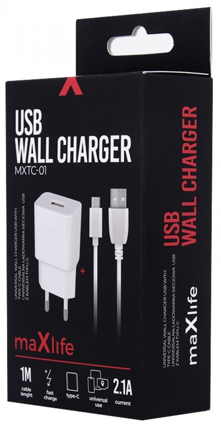 Maxlife USB-hurtigoplader + USB-C-kabel, hvid (2,1A)