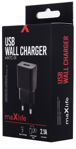 Maxlife USB-hurtigoplader MXTC-01, med hurtigopladning, 2,1A, sort