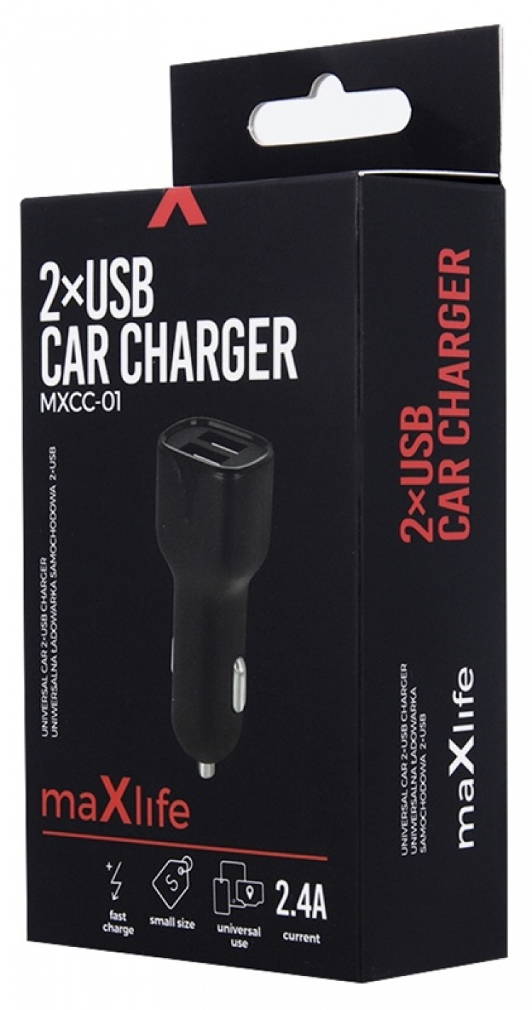 Biloplader Maxlife MXCC-01 2xUSB Fast Charge (2.4A), sort