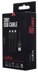 3in1 USB-hurtigopladerkabel - microUSB/USB-C/Lightning (2,1A), sort