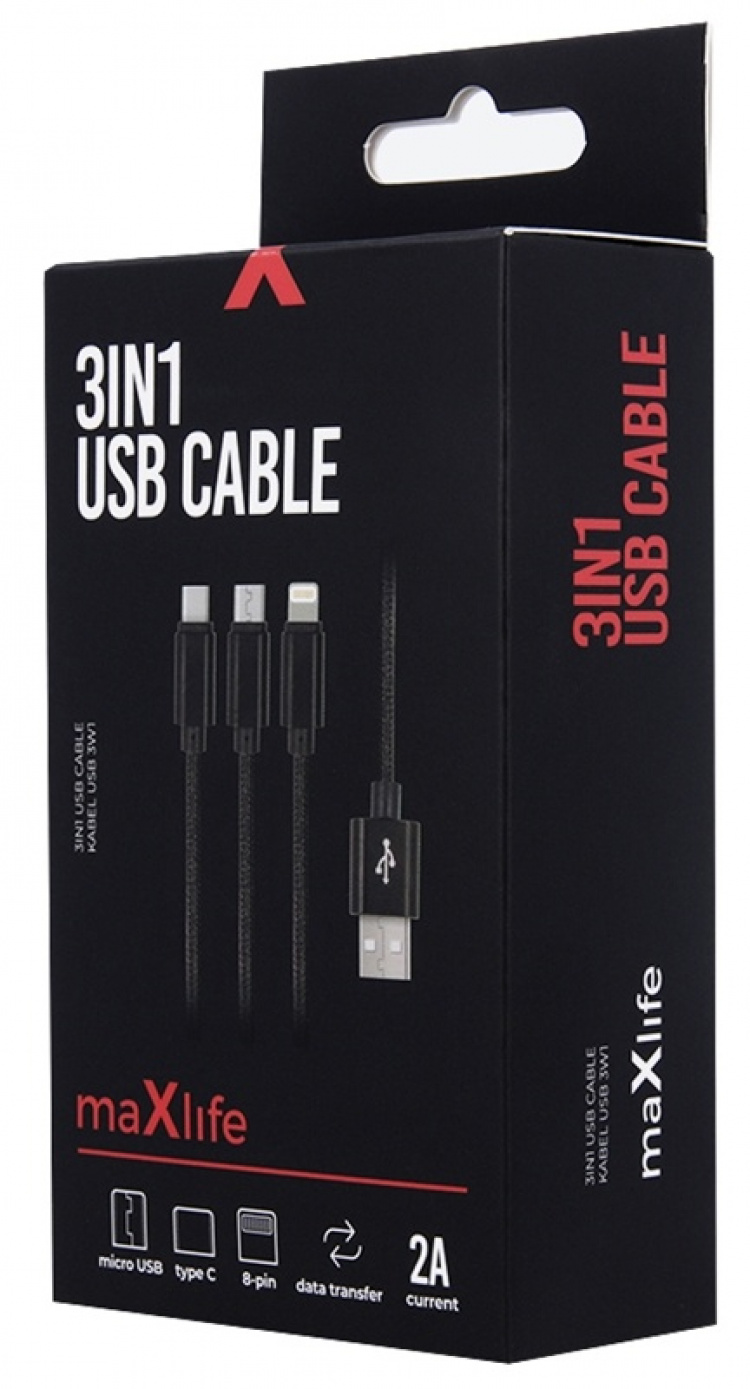 3in1 USB-hurtigopladerkabel - microUSB/USB-C/Lightning (2,1A), sort