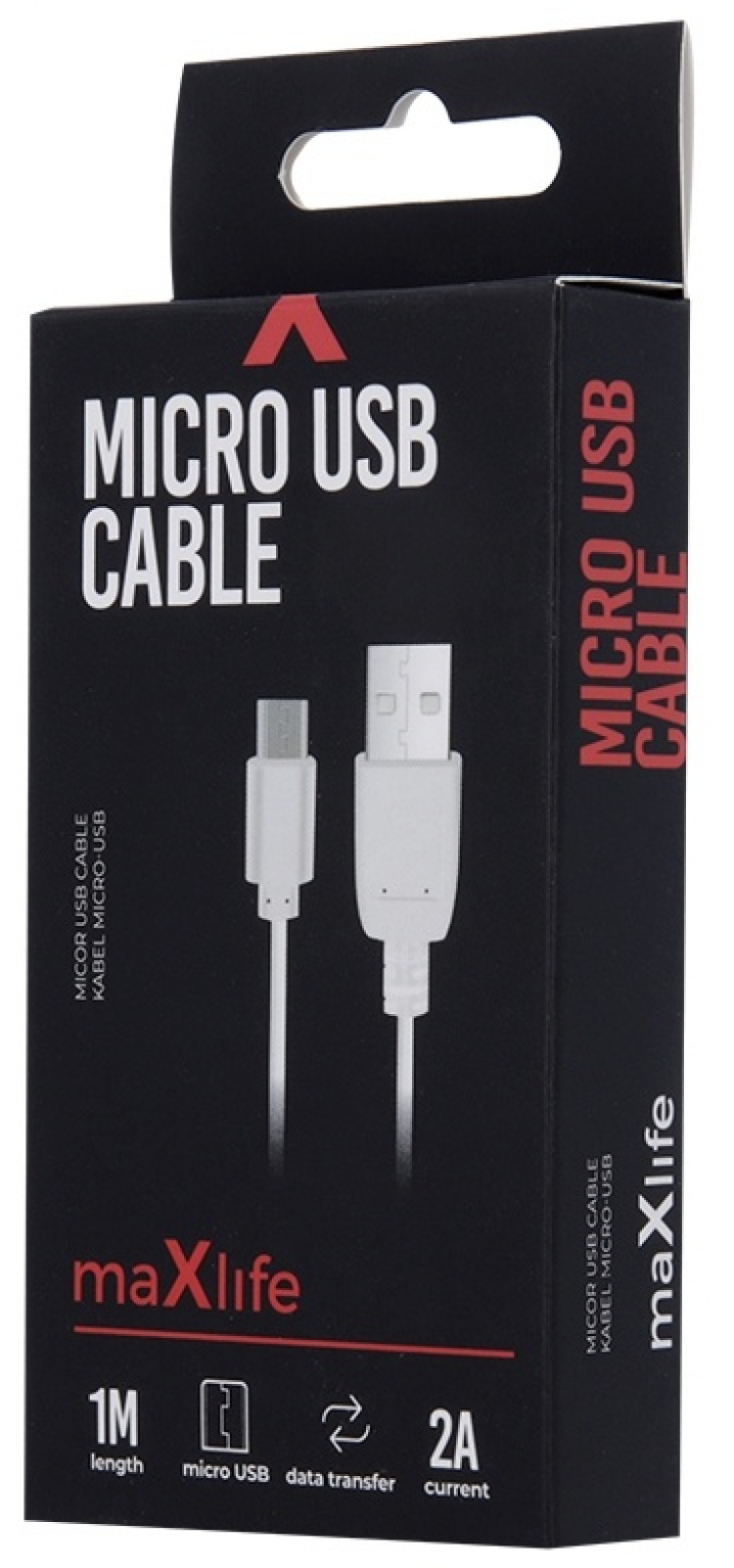 Maxlife microUSB-ladekabel til hurtig opladning, 2A, 1m, hvid
