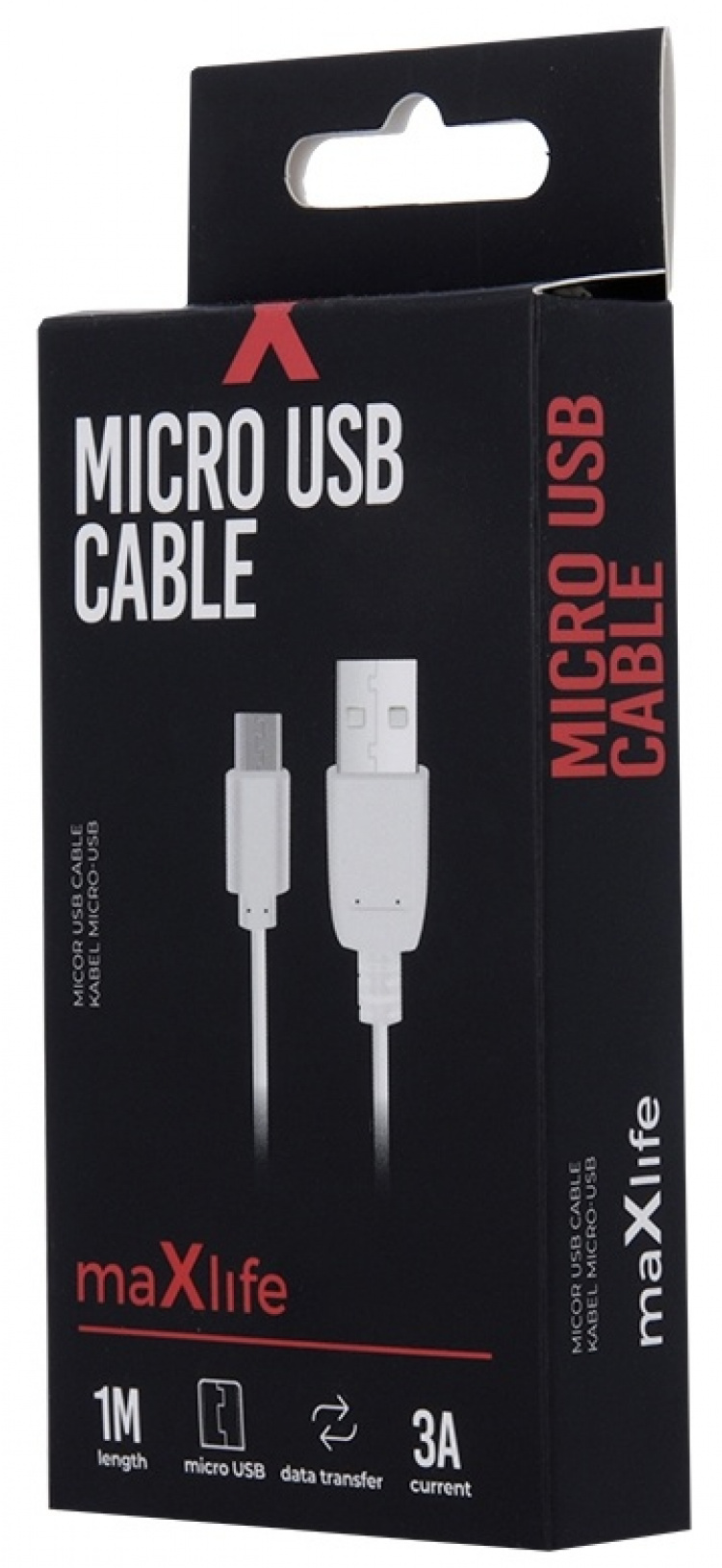 Maxlife microUSB laddkabel för snabbladdning, 3A, 1m, vit