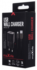 Maxlife vægoplader MXTC-01 USB (1A) + microUSB-kabel, sort