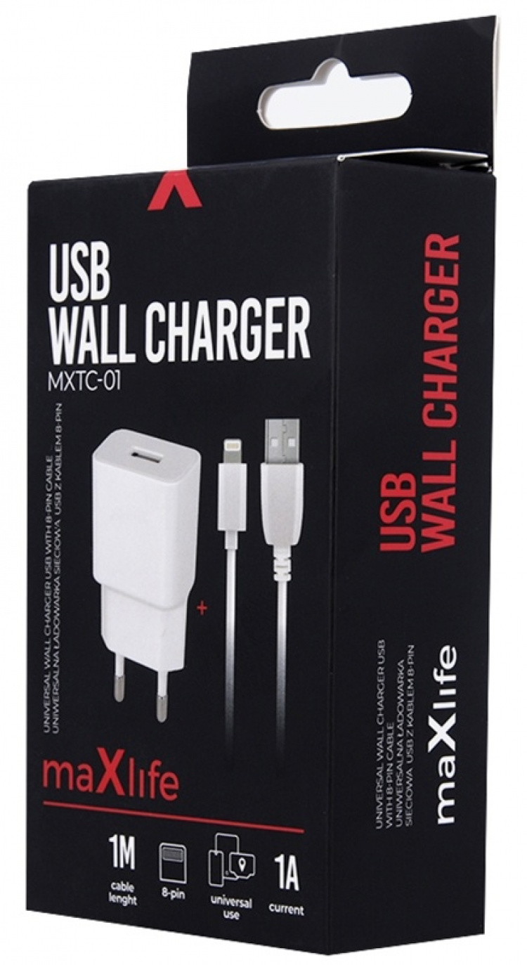 Maxlife vægoplader MXTC-01 USB (1A) + Lightning-kabel, hvid