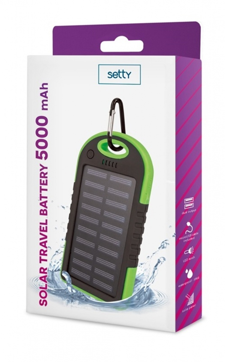 Setty powerbank med solceller, 5000 mAh, Grøn