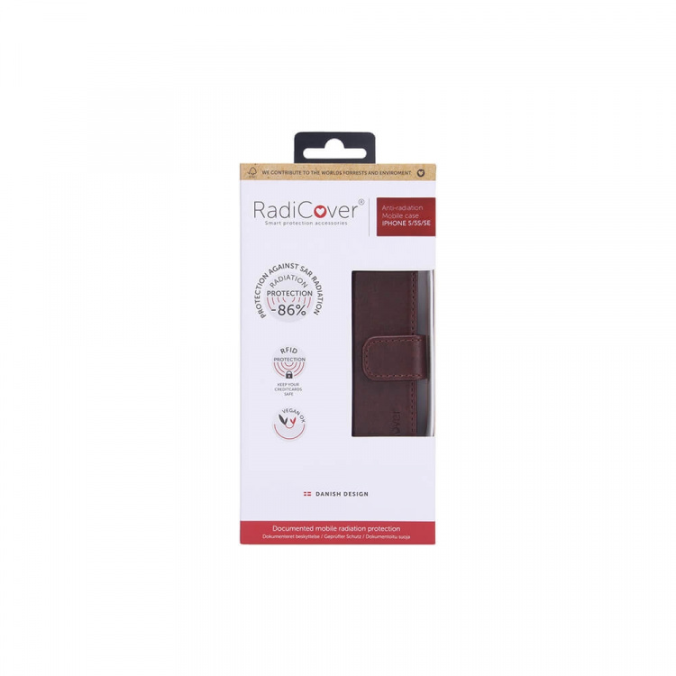 Radicover Strålingsbeskyttende Wallet PU iPhone 5/5S/SE Flipcover RFID Brun