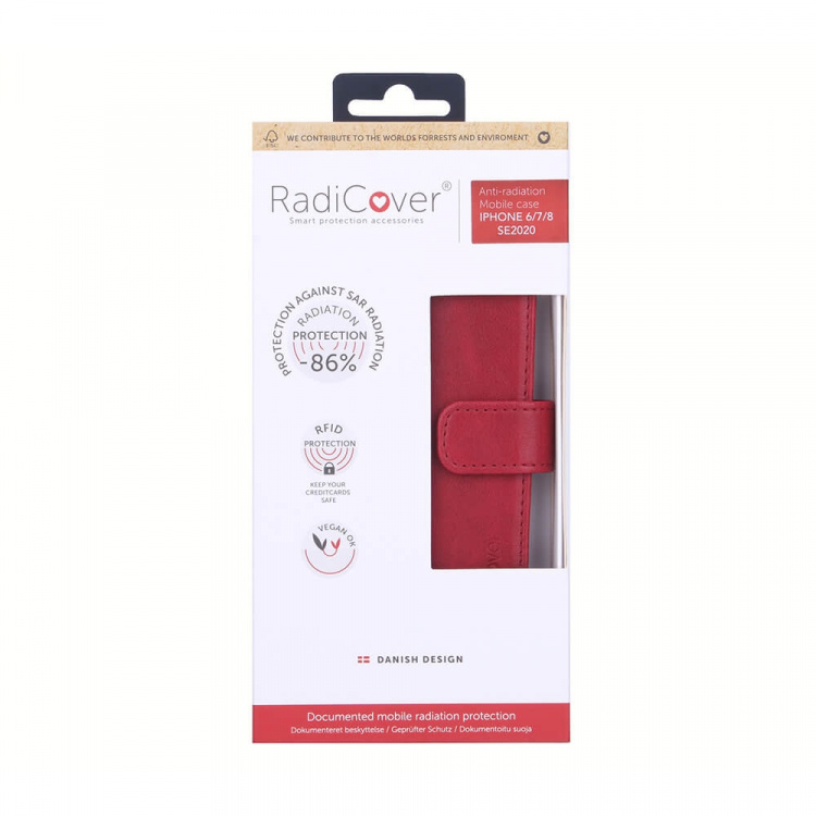 RADICOVER Strålingsbeskyttende Wallet PU iPhone 6/7/8/SE2020/22 Flipcover RFID Rød