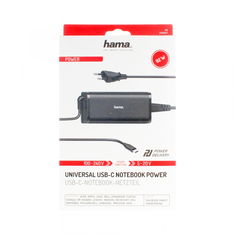 Hama Notebook Strømforsyning USB-C 100-240V 5-20V/92W