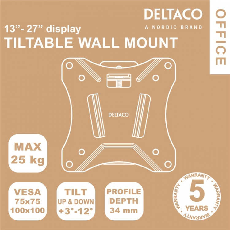 DELTACO OFFICE Compact Slim vægbeslag med tilt, 13-27 tommer, 25 kg, s DELTACO OFFICE Compact Slim vægbeslag med tilt, 13-27 tommer, 25 kg, s
