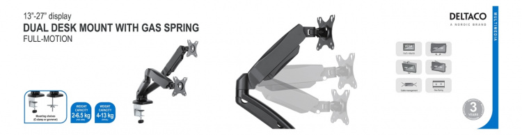 DELTACO dobbelt skrivebordsbeslag m. gasfjeder, 13-27