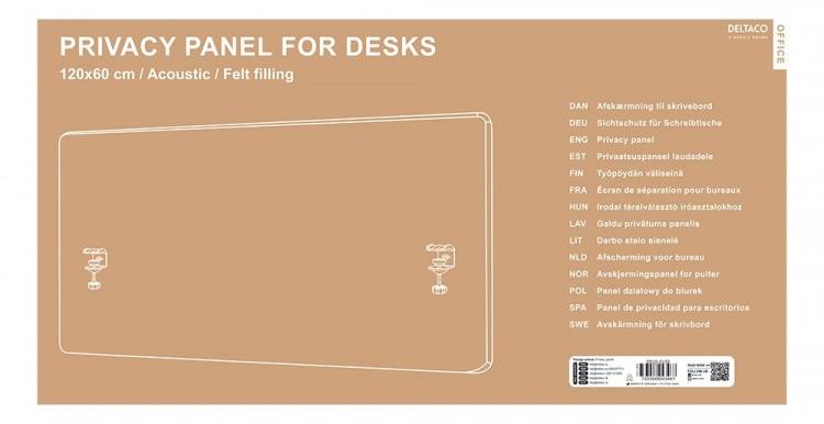 DELTACO OFFICE Akustikpanel til skrivebord m. filtpåfyldning, 1200x600
