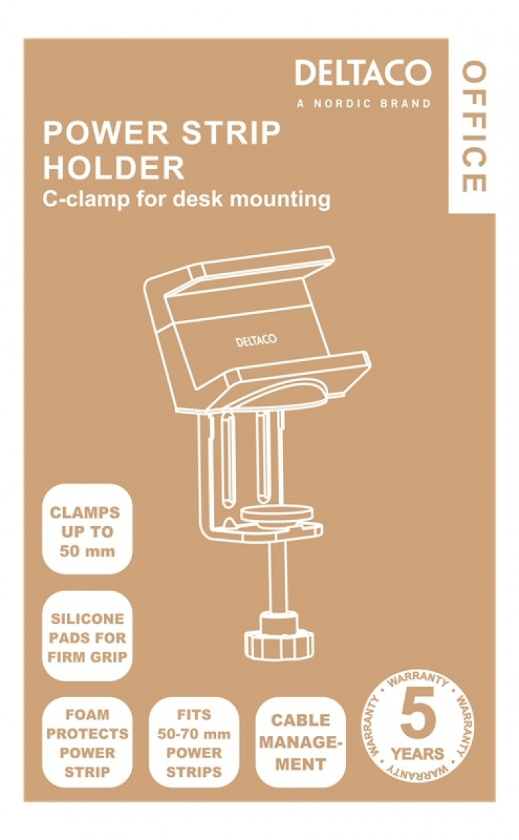 DELTACO OFFICE Holder til stikdåse med klemmer, til skriveborde, hvid