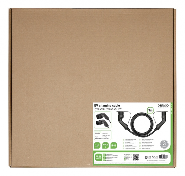 DELTACO EV-kabel type 2 - type 2, 3 fase, 32 A, 22 kW, 3m, sort DELTACO EV-kabel type 2 - type 2, 3 fase, 32 A, 22 kW, 3m, sort