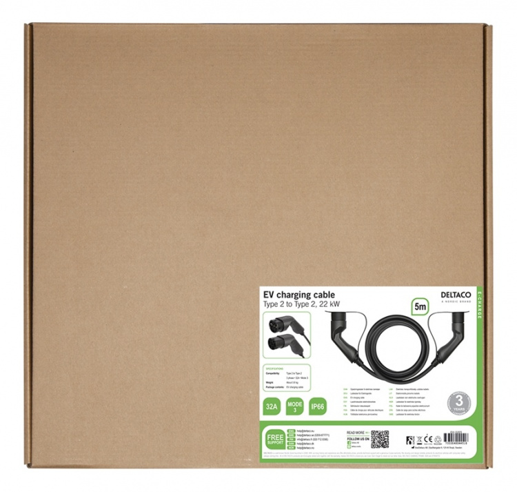 DELTACO EV-kabel type 2 - type 2, 3 fase, 32 A, 22 kW, 5m, sort