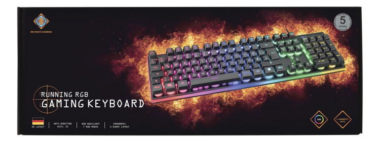 DELTACO GAMING membrane keyboard, RGB backlight, anti-ghosting, DE lay